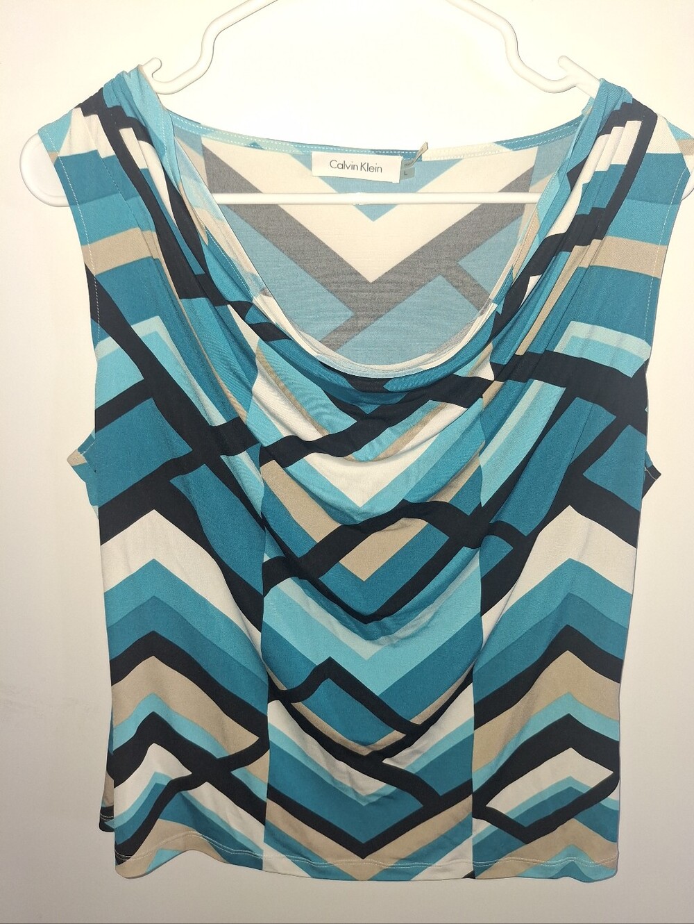 Calvin Klein Teal Turquoise Navy Cream Geo-Print Cowl Tank